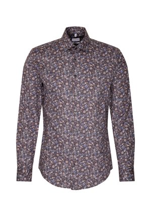 Brązowa koszula z długim rękawem w kwiaty z małymi niebieskimi i różowymi kwiatkami, z kołnierzykiem zapinanym na guziki i zaokrąglonym dołem, wykonana z lekkiej tkaniny.