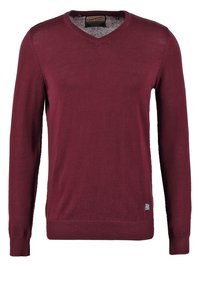 Burgunderfarbener Strickpullover mit langen Ärmeln, V-Ausschnitt, gerippten Bündchen und Saum sowie einem kleinen Markenetikett auf der unteren linken Seite. Weicher Stoff.