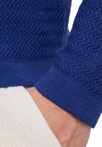 Blauer Pullover mit Fischgrätenmuster, ausgestattet mit gerippten Bündchen und einer glatten Textur, kombiniert mit einem hellen Unterziehteil.