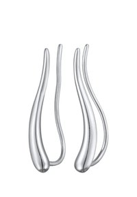 Silberne Ohrringe aus Metall mit verlängerten, gebogenen Formen und glatten, glänzenden Oberflächen. Merkmale ein elegantes, minimalistisches Design ohne Verzierungen.