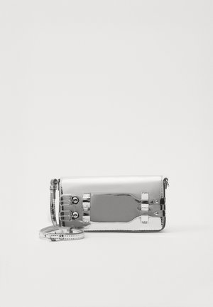 Metallic silver handbag with a structured rectangular shape, featuring a smooth surface, decorative hardware accents, and a removable strap.