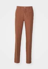 Braune Leinenhose mit geradem Schnitt, ausgestattet mit einem Knopfverschluss, flachem Frontbereich und minimaler Textur. Keine sichtbaren Muster oder Akzente.