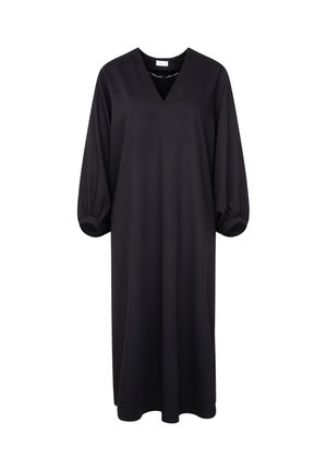 Schwarzes, langärmliges Kleid mit V-Ausschnitt aus weichem Stoff. Mit Ballonärmeln und lockerem Schnitt, ohne Muster oder Hardware-Akzente.