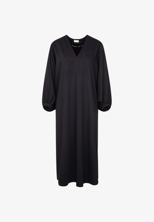 Czarna sukienka na długim rękawie z dekoltem w serek, wykonana z miękkiego materiału. Posiada bufiaste rękawy i luźny krój, bez wzorów czy metalowych dodatków.