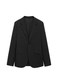 Blazernegru cu închidere cu un singur nasture, rever clasic și două buzunare frontale. Fabricat dintr-un material neted, țesut, cu o croială ajustată.