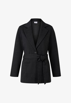 Black blazer with a notched collar, single button closure, and waist tie. Features textured fabric and two side pockets.