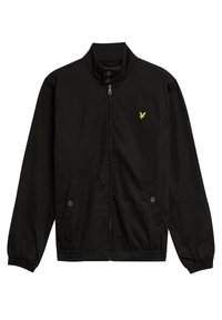 Svart jacka av mjukt tyg. Hög krage med knappar, dragkedjestängning, två framfickor, elastiska manschetter och gul logotypdetalj.