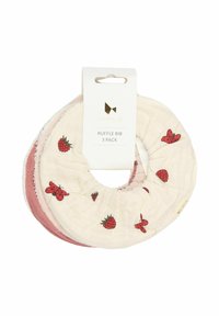 Bryndáčky s volánky v balení po třech; vyrobené z měkké látky s potisky jahod a motýlů na krémovém a růžovém pozadí. Kulatý tvar.