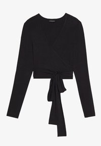 Schwarzes Langarm-Wickeltop aus weichem Stoff, mit einer Bindungsdetails an der Taille und einem V-Ausschnitt. Durchgehend glatte Textur.