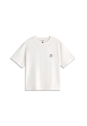 White short-sleeve t-shirt with a small black coffee cup and saucer graphic on the left chest area.