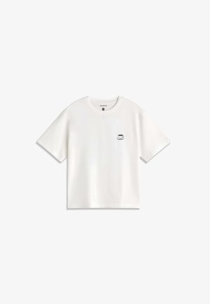 White short-sleeve t-shirt with a small black coffee cup and saucer graphic on the left chest area.