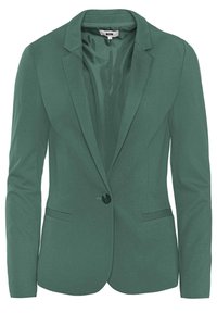 Green blazer featuring a single button closure, notch lapels, and two front pockets. Made from soft, textured fabric with a tailored design.