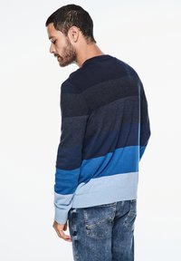 Mans långärmad tröja med horisontella ränder i mörkblått, marinblått och ljusblått; ribbade muddar och fåll. Bärs tillsammans med denimjeans.