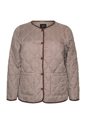Gesteppte Jacke mit braunem Karomuster, rundem Ausschnitt, vorderer Knopfleiste, zwei Vordertaschen und braunem Besatz an Ärmeln und Saum.