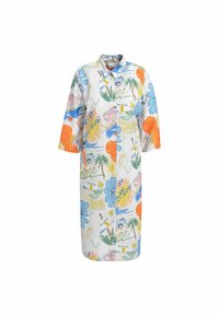 Bunt bedrucktes Baumwollhemdkleid mit lockerer Passform, das eine Vielzahl von sommerlichen Illustrationen in Blau-, Orange- und Grüntönen zeigt.