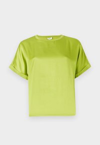 T-shirt à manches courtes, coupe carrée, en vert citron vif, fabriqué à partir d'un tissu lisse et léger avec un col rond et des poignets retroussés.