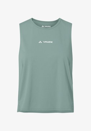 Sleeveless light green athletic tank top with round neckline and white Vaude logo on chest and inside collar.