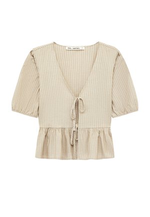 Beige Kurzarmbluse mit weißen vertikalen Streifen, tiefem V-Ausschnitt, vorderer Bindung und gerafftem Saum.