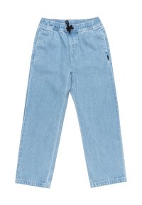 Pantalon en jean bleu clair avec taille élastique et lien noir, coupe droite et détail de poche latérale.