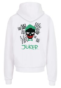 Felpa bianca con cappuccio caratterizzata da una grafica di un teschio con i capelli verdi e un sorriso rosso, circondato dal testo "Ha Ha" e dalla parola "JOKER" in verde.
