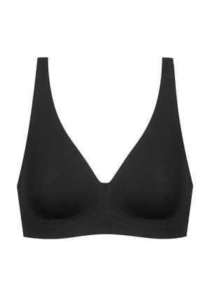 Black seamless bra with a deep V-neck design, wide straps, and a smooth texture. No visible closures or embellishments.