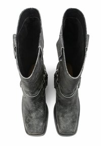 Black leather ankle boots with a textured finish, square toe, and silver hardware accents. Features a mid-calf length and open tops.