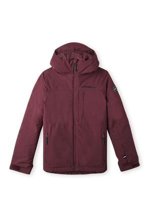 Męska bordowa kurtka z kapturem, zapinana na zamek z przodu, posiadająca dwie kieszenie na zamek, regulowane mankiety oraz logo O'Neill na piersi i rękawie.