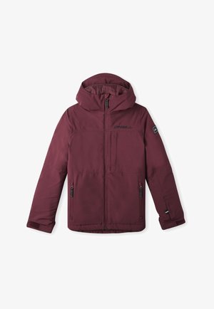 Męska bordowa kurtka z kapturem, zapinana na zamek z przodu, posiadająca dwie kieszenie na zamek, regulowane mankiety oraz logo O'Neill na piersi i rękawie.