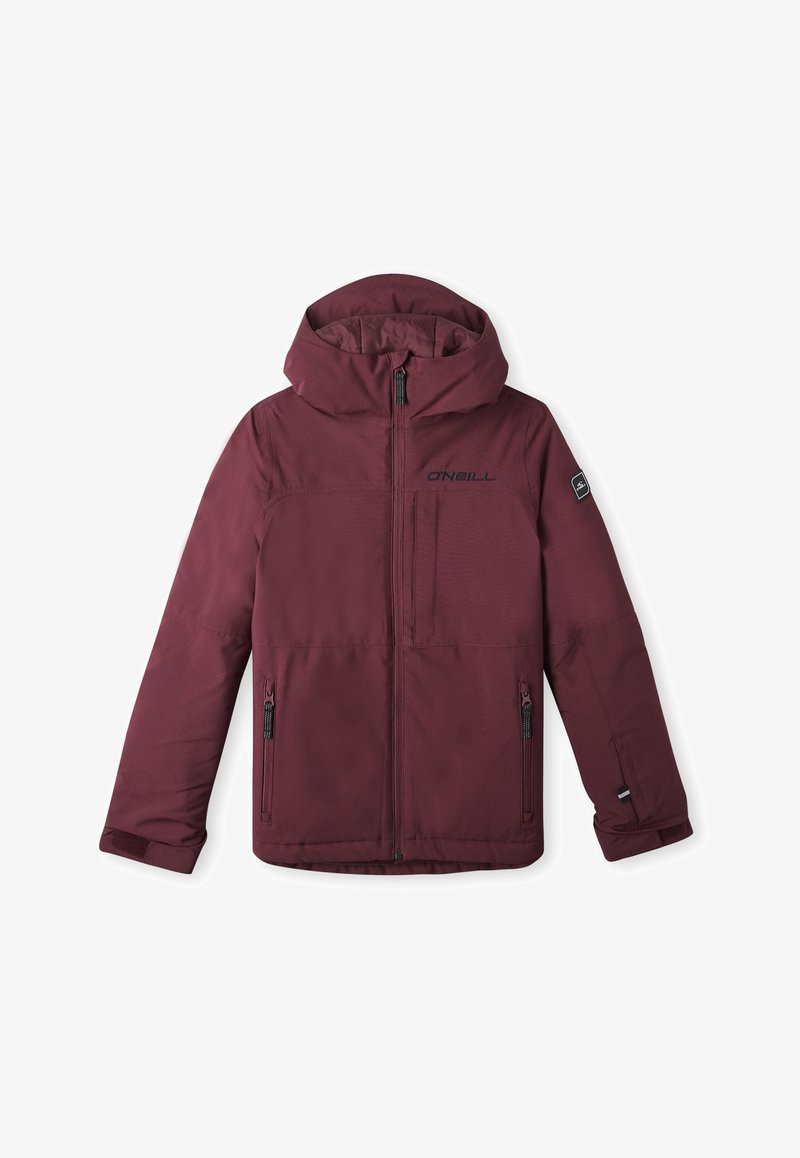 Veste à capuche bordeaux pour homme avec fermeture éclair frontale, deux poches zippées, poignets réglables et logo O'Neill sur la poitrine et la manche.
