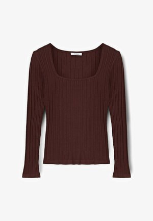 Ciemnobrązowa, prążkowana bluzka z długim rękawem, kwadratowym dekoltem i dopasowanym fasonem.