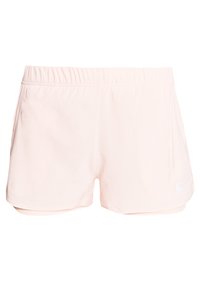 Pantalones cortos deportivos de color rosa claro con una cintura elástica y un logo blanco de Nike en el dobladillo inferior derecho. Fabricados con un material suave y transpirable.
