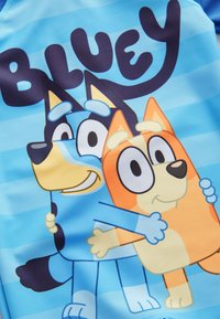 Blaues Schwimmschirt mit hellblauem Hintergrund, auf dem die Cartoonfiguren Bluey (blauer Hund) und Bingo (oranger Hund) sich umarmen, fett gedruckter Text lautet "BLUEY".