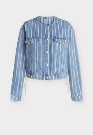 Light blue denim jacket with vertical white stripes, round collar, front button closure, chest pockets, and drawstring sides.