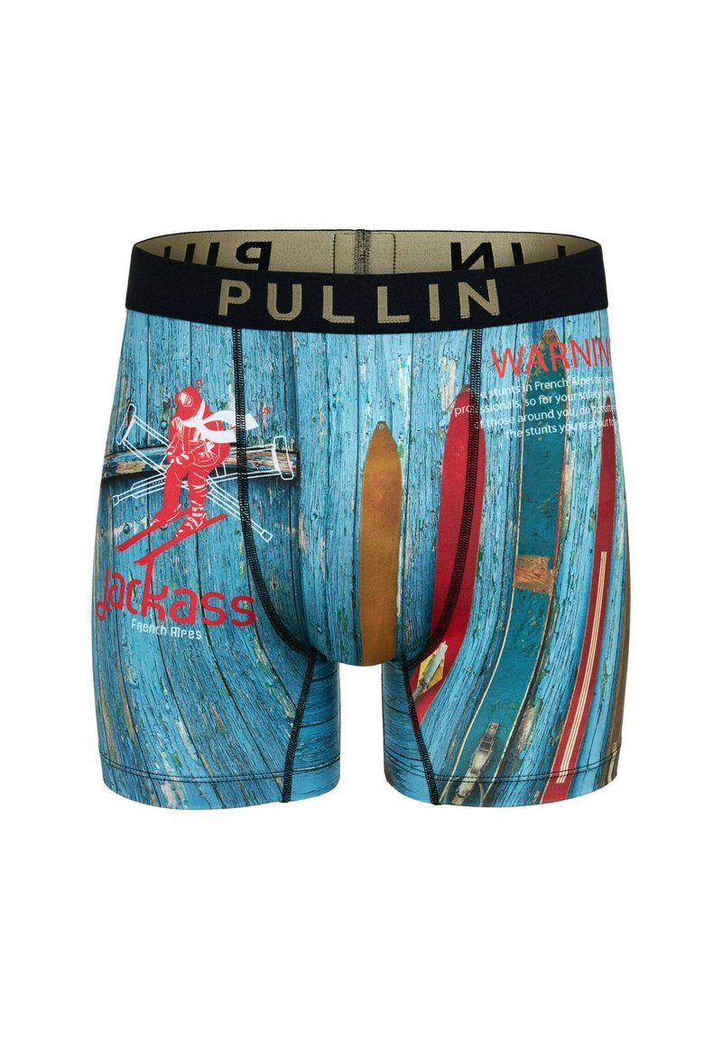 Boxers pour hommes en tissu doux ; présentent un motif de bois bleu avec des accents rouges et jaunes, une taille noire avec "PULLIN" en lettres dorées.