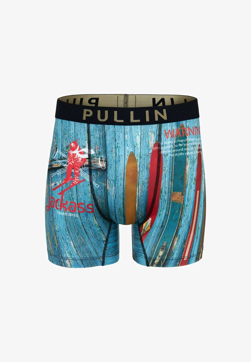 Boxers pour hommes en tissu doux ; présentent un motif de bois bleu avec des accents rouges et jaunes, une taille noire avec "PULLIN" en lettres dorées.