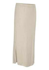 Jupe beige longueur genoux en tissu doux à côtes, avec une taille élastique et une fente sur le côté pour plus de liberté de mouvement. Design simple, sans embellissements.
