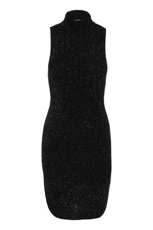Black sleeveless dress featuring a high neck, made from a sparkly knit fabric with a fitted silhouette and rounded hemline.
