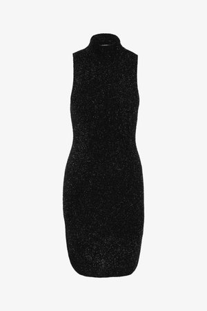 Zwart mouwloos jurkje met een hoge hals, gemaakt van een sprankelende breisel stof met een aansluitende silhouet en een ronde zoom.