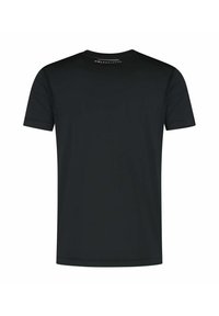 Zwarte t-shirt met korte mouwen en een ronde halslijn, gemaakt van een gladde stof. Kenmerkt een logo op de achterkant van de halslijn. Eenvoudig ontwerp, geen patronen.