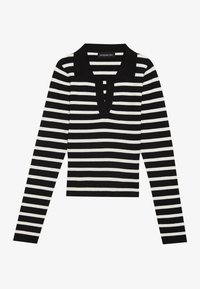 Svart og hvit stripete langermet topp med ribbestruktur og krage. Har V-hals og tettsittende design.