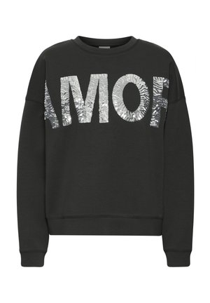 Schwarzer Sweatshirt mit "AMOR" in silbernen Pailletten. Verfügt über einen Rundhalsausschnitt und lange Ärmel. Glatte Textur mit gerippten Bündchen und Saum.