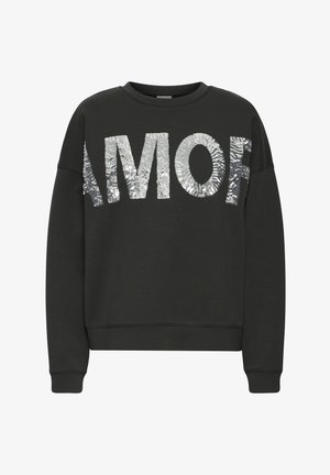 Black sweatshirt with "AMOR" in silver sequins. Features a crew neckline and long sleeves. Smooth texture with ribbed cuffs and hem.