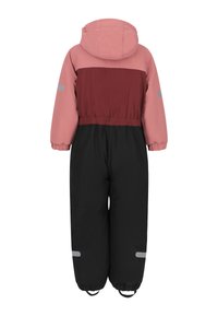 Geïsoleerde sneeuwbroek voor kinderen met een roze en bordeauxrode bovenkant en een zwarte onderkant. Voorzien van een capuchon, elastische taille en reflecterende accenten.