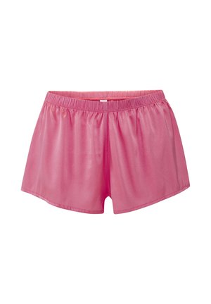 Roze satijnen short met elastische taille, losse pasvorm en korte zoom, tegen een effen witte achtergrond.