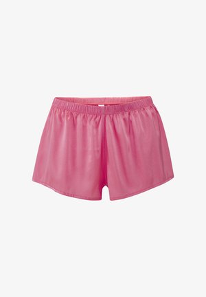 Roze satijnen short met elastische taille, losse pasvorm en korte zoom, tegen een effen witte achtergrond.