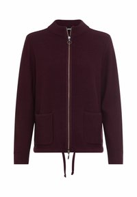 Bordeauxrode cardigan met ritssluiting in een gestructureerd breisel, voorzien van een hoge kraag, twee voorzakken en een trekkoordzoom voor een verstelbare pasvorm.