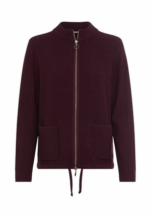 Bordeauxrode cardigan met ritssluiting in een gestructureerd breisel, voorzien van een hoge kraag, twee voorzakken en een trekkoordzoom voor een verstelbare pasvorm.
