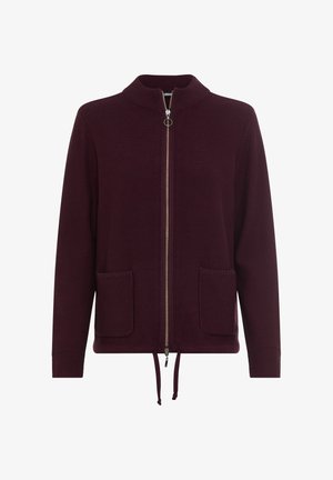 Bordeauxrode cardigan met ritssluiting in een gestructureerd breisel, voorzien van een hoge kraag, twee voorzakken en een trekkoordzoom voor een verstelbare pasvorm.