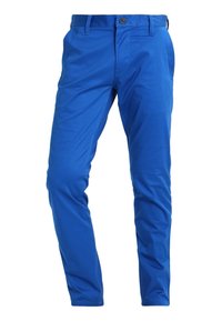 Modré, lehké kalhoty s hladkým povrchem, které mají zapínání na knoflík, poutka na opasek a přední kapsy. Slim fit styl.