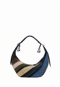 Hobo-tas van verschillende materialen met een gebogen vorm. Heeft afwisselende panelen in zwart, blauw, olijfgroen, beige en roze, met gestikte accenten.